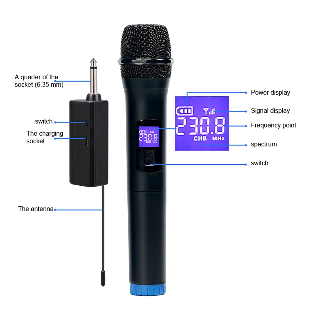 Microphone sans fil professionnel à double canal et polyvalent avec écran LCD