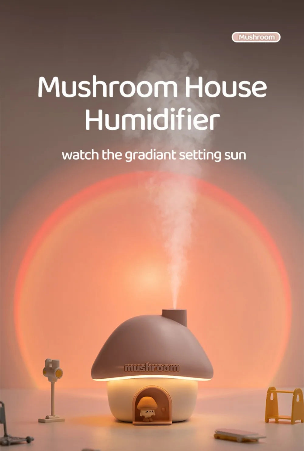 Humidificateur champignon ultrasonique Mushroom House LED 300ml – Diffuseur d’huiles essentielles