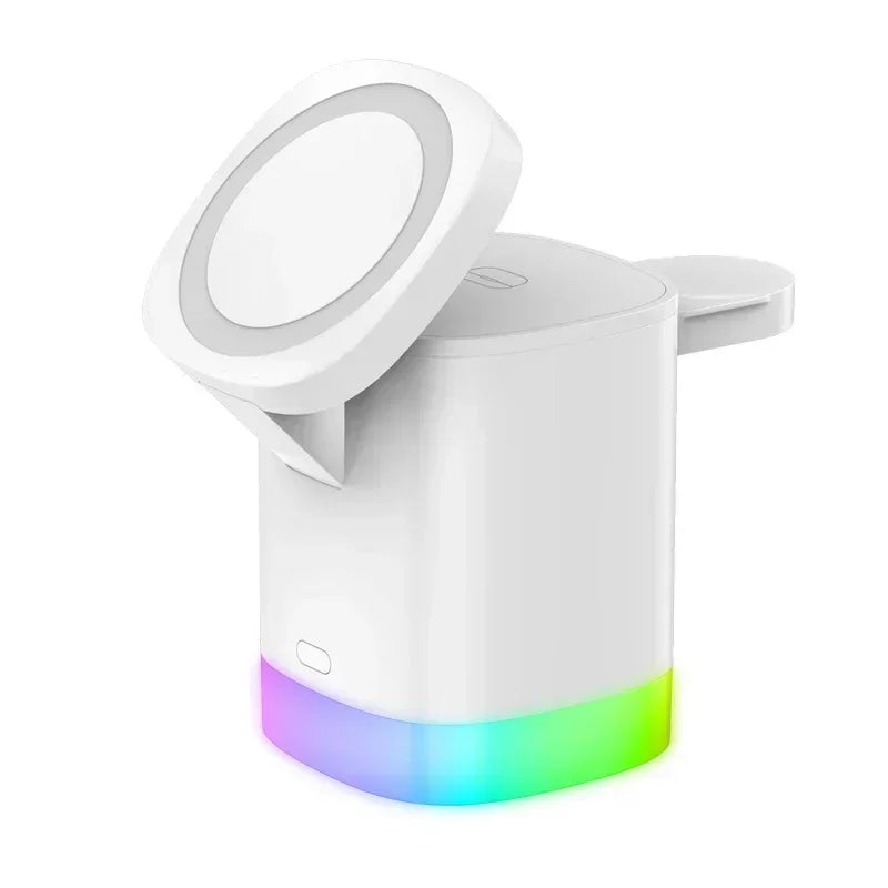 Opansten Chargeur sans fil magnétique 3 en 1 avec éclairage RGB – Station de charge rapide et compatible avec iPhone 16/15 Pro, AirPods et iWatch