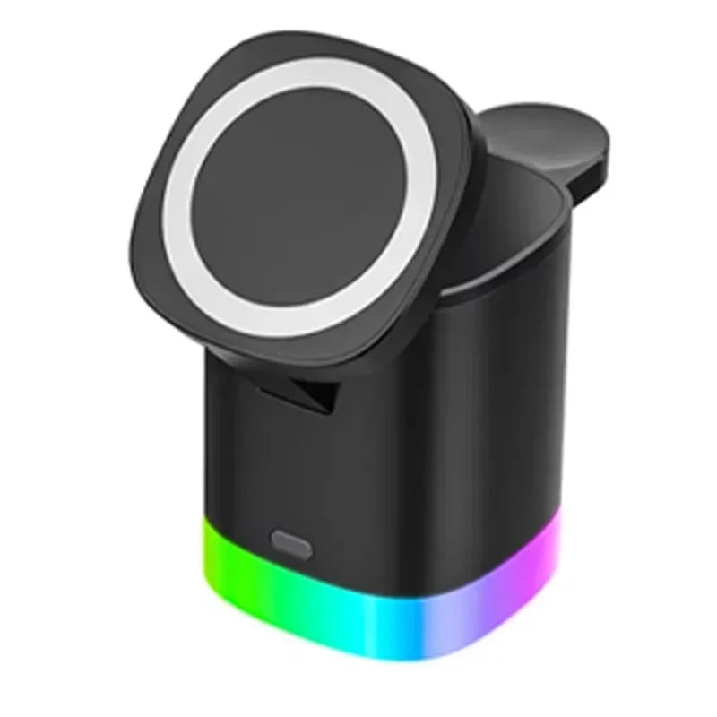 Opansten Chargeur sans fil magnétique 3 en 1 avec éclairage RGB – Station de charge rapide et compatible avec iPhone 16/15 Pro, AirPods et iWatch